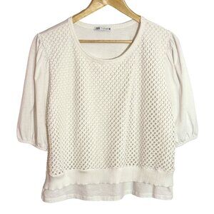 Zara White Layered Top Crochet Knit Puff Sleeves Women's L